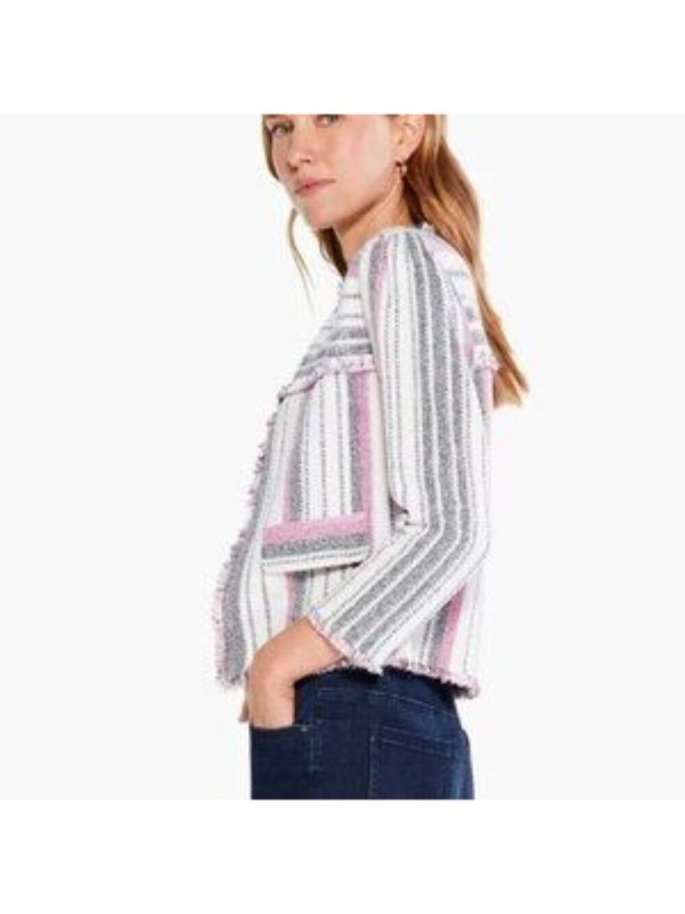 NIC+ZOE Voyage Textured Fringe Tweed Jacket Pink & Blue Striped Size L